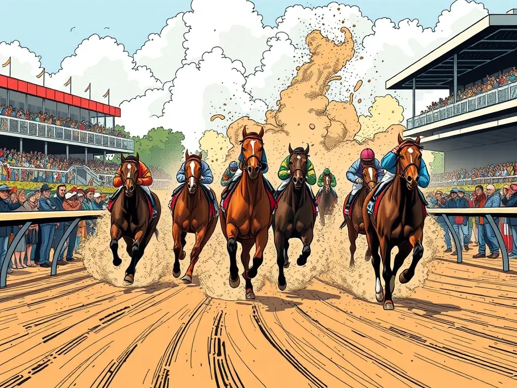 A vibrant image capturing the excitement of a horse race, with horses thundering down the track and spectators cheering in the stands, symbolizing the thrill and community spirit of equestrian events.
