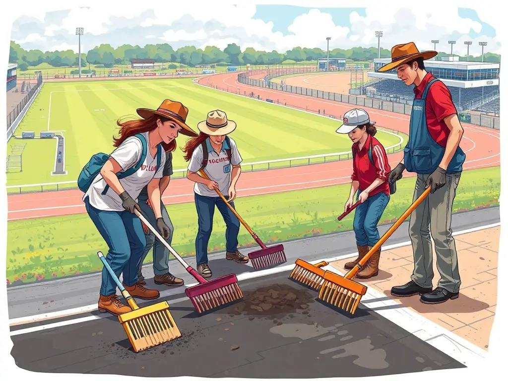 A photo of volunteers and community members participating in a track maintenance activity, showing the collaborative effort to keep the racing facilities in top condition. The image emphasizes community involvement and dedication.