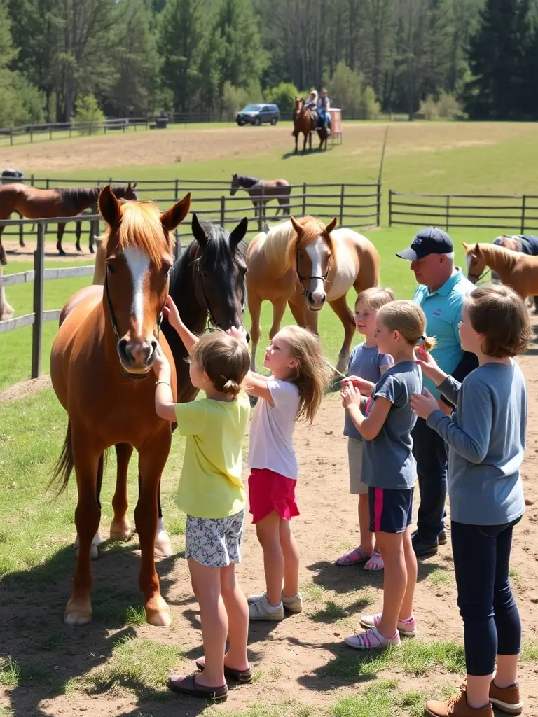 A photograph of a community outreach event organized by the Association Société des Courses du Cantal, showing participants engaging in activities related to horse care and equestrian sports.