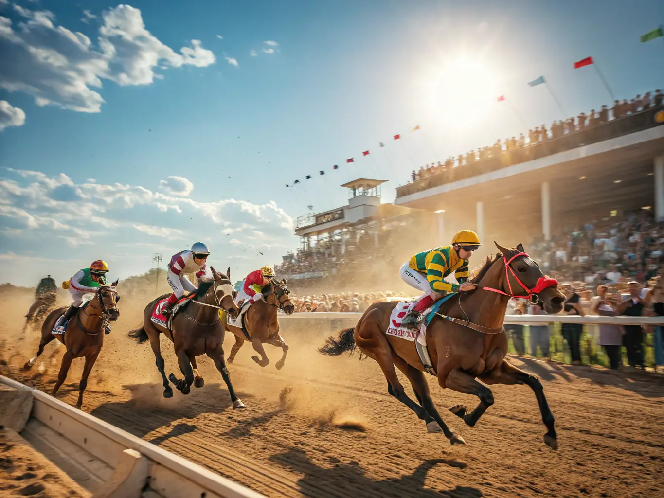 An image capturing the excitement of a race day, with horses thundering down the track and spectators cheering from the stands. The atmosphere is electric, highlighting the thrill of competitive horse racing.