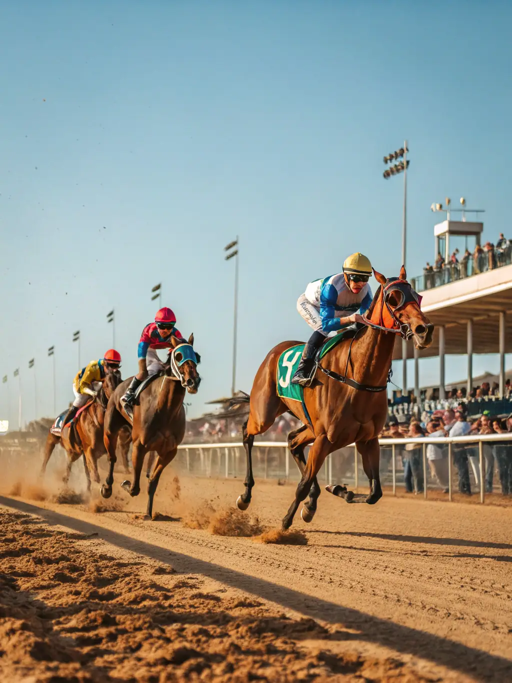 A wide shot of a horse race in progress, capturing the speed and excitement of the event with spectators cheering in the stands.