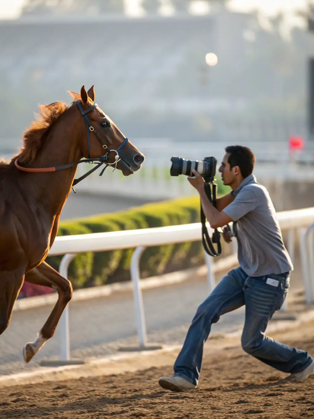 A close-up shot of a horse's head with a jockey in the saddle, focusing on the intensity and focus of the horse during a race.