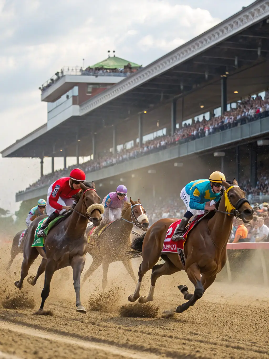 A vibrant image capturing the excitement of a horse race at the Association Société des Courses du Cantal, showcasing horses and jockeys in action, with spectators cheering in the background.