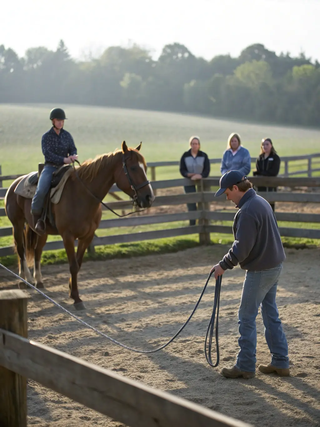 A photo of a horse training session at the Association Société des Courses du Cantal, featuring a skilled trainer guiding a horse through an exercise, emphasizing the dedication to equestrian excellence.