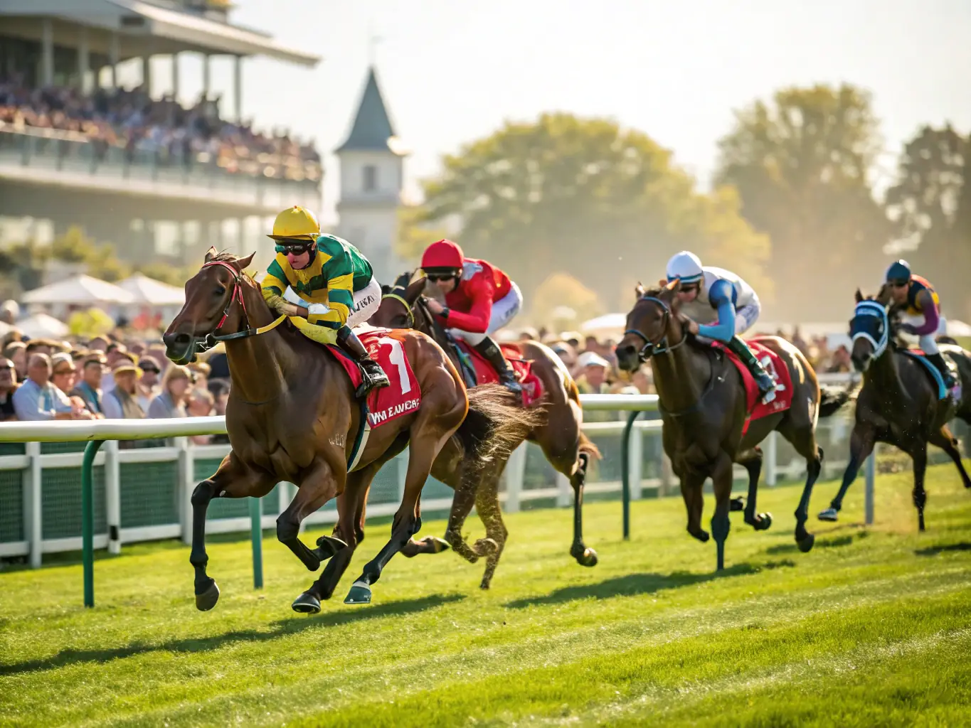 A vibrant image showcasing a horse racing training session, with jockeys and trainers working closely together on a sunny day. The focus is on the dedication and skill involved in preparing horses for competition.